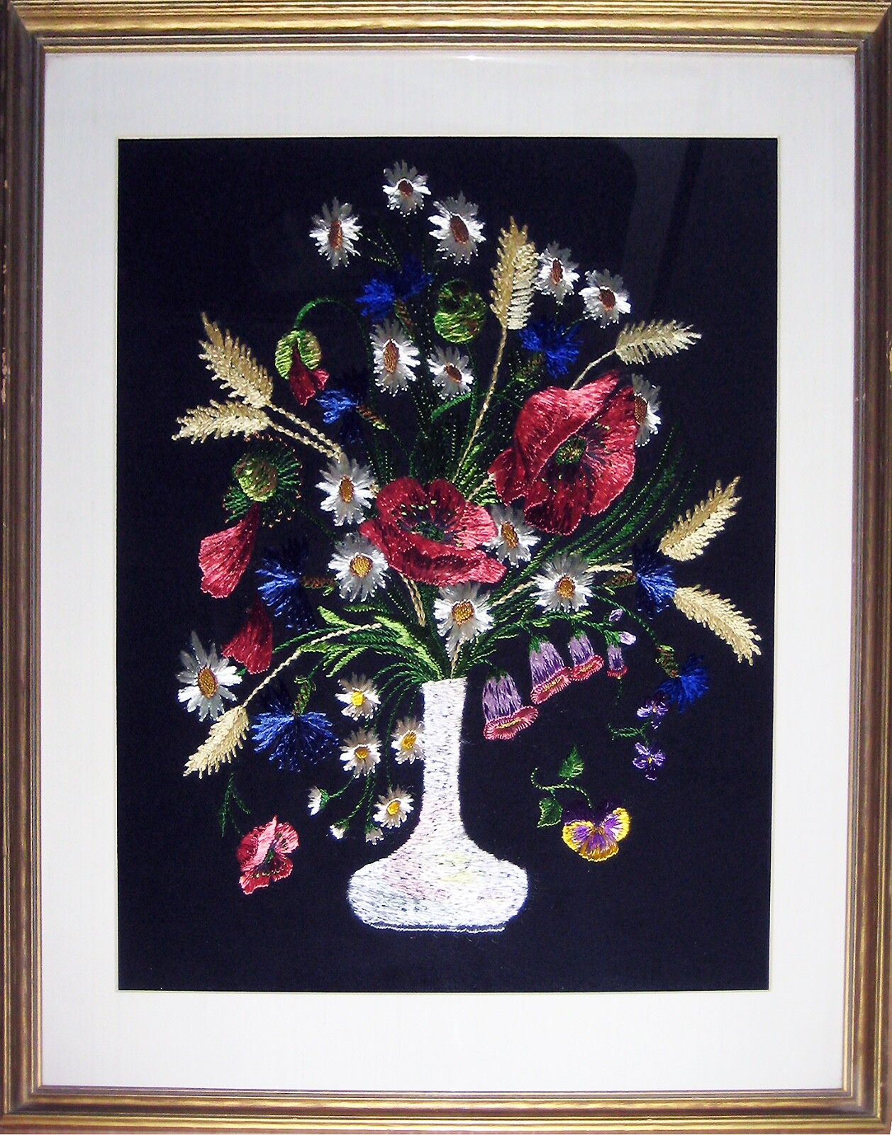 • Pair of Large Matching Vintage Silk Thread Paintings • Floral Still Lifes •