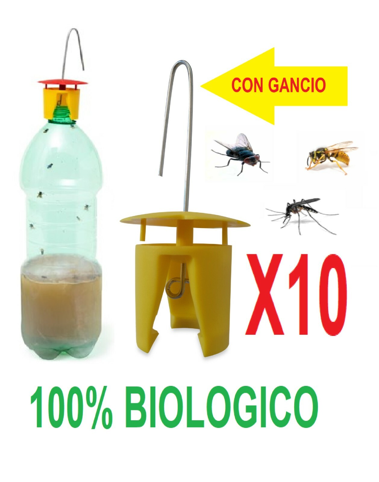 10 PEZZI TRAPPOLA PER VESPE CALABRONI MOSCHE CON GANCIO TAPPO BIO MADE IN ITALY