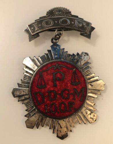 Vintage I.O.O.F. Odd Fellows Badge Medal Red Enamel Pin DDGM Free Shipping
