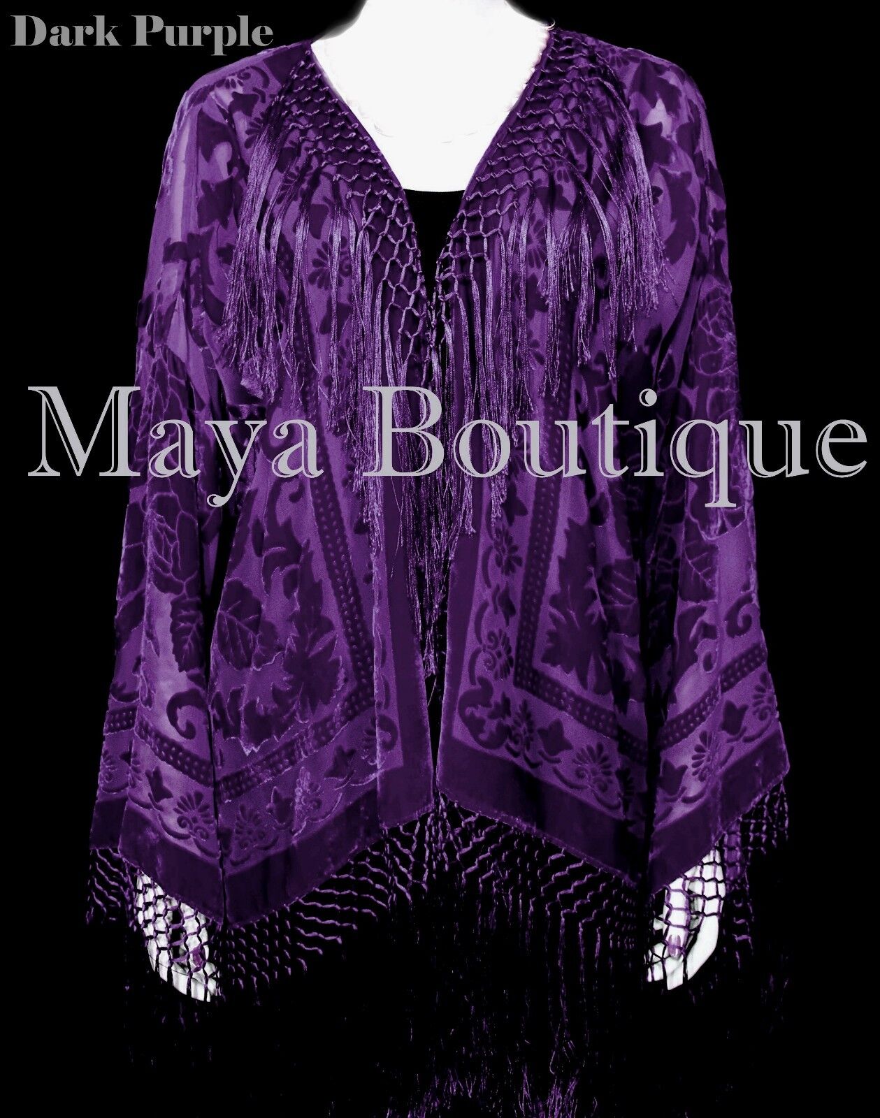 Pre-owned Maya Matazaro Dark Purple Kimono Fringe Jacket Silk Burnout Velvet Short  Plus Sz