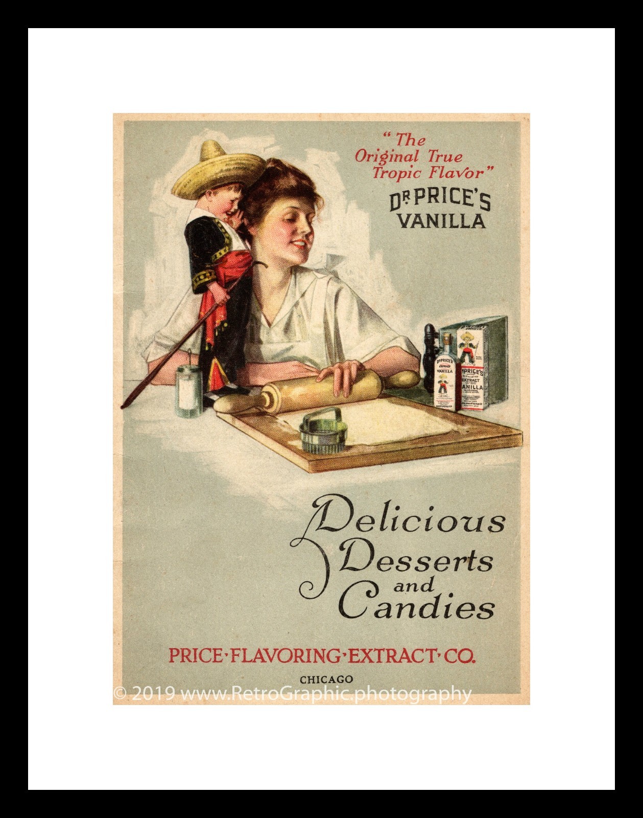 1910s DR. PRICE's Vanilla Extract, Baking Vintage Ad Reprint Poster Mexican Boy