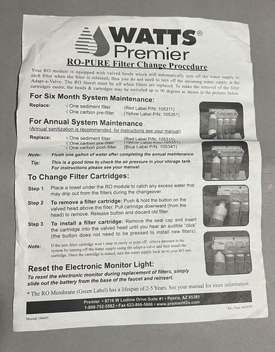 Watts Premier WP531102 RO Pure Plus Reverse Osmosis Water Filter Replacement Kit