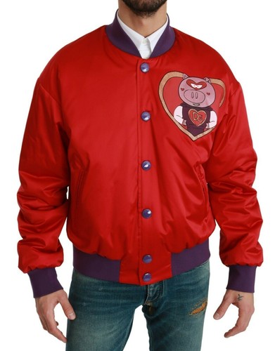 Pre-owned Dolce & Gabbana Dolce&gabbana Men Red Bomber Jacket 100% Polyester Year Of The Pig Print Blazer