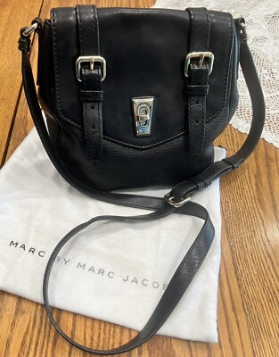 Marc by Marc Jacobs Black Leather Crossbody Messenger Bag Buckles Dust Bag EUC