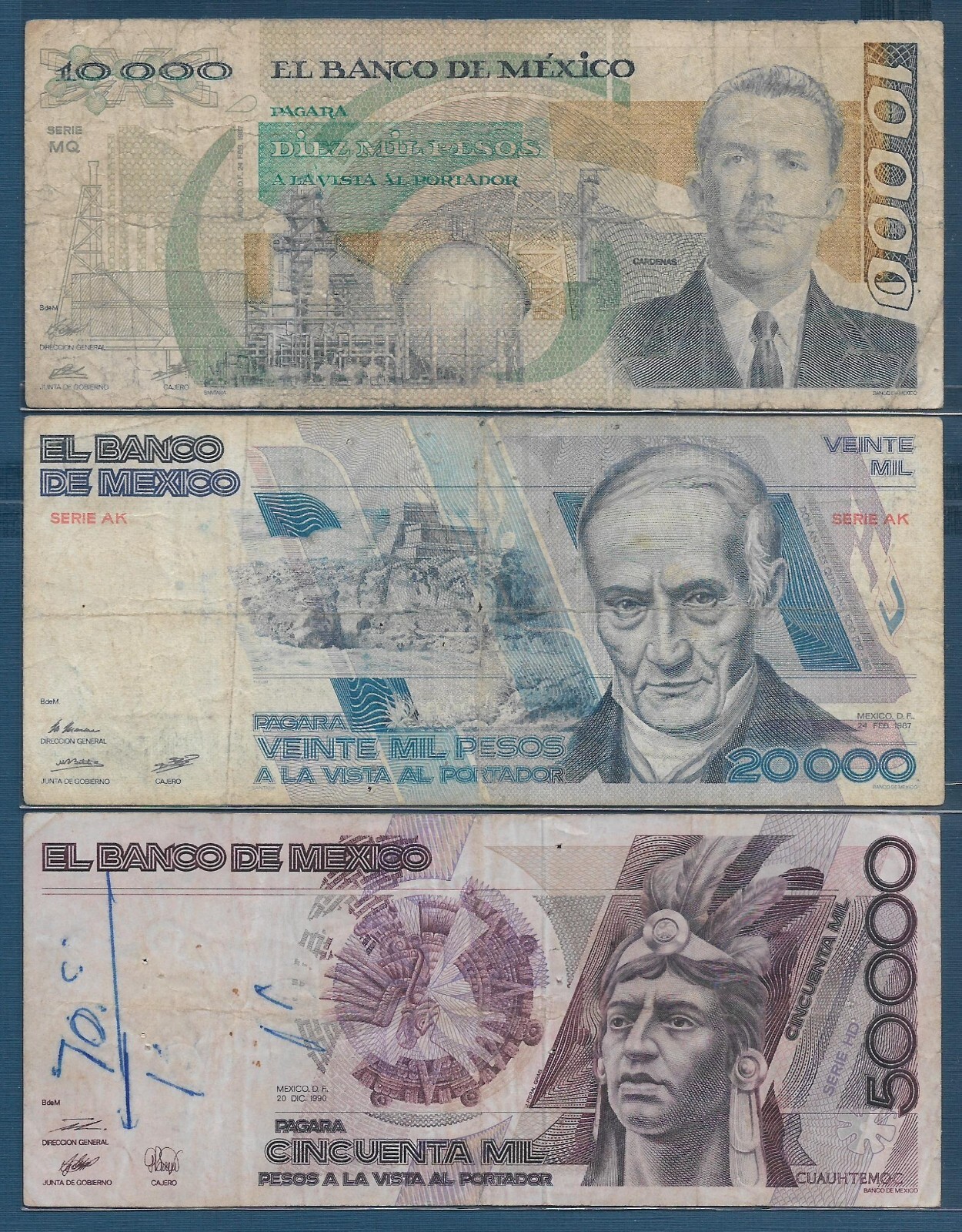 ⑤メキシコ旧紙幣　20000   1989年 Mexico 20000 (20,000) Pesos, 1989 P-92b (Serie ED) About