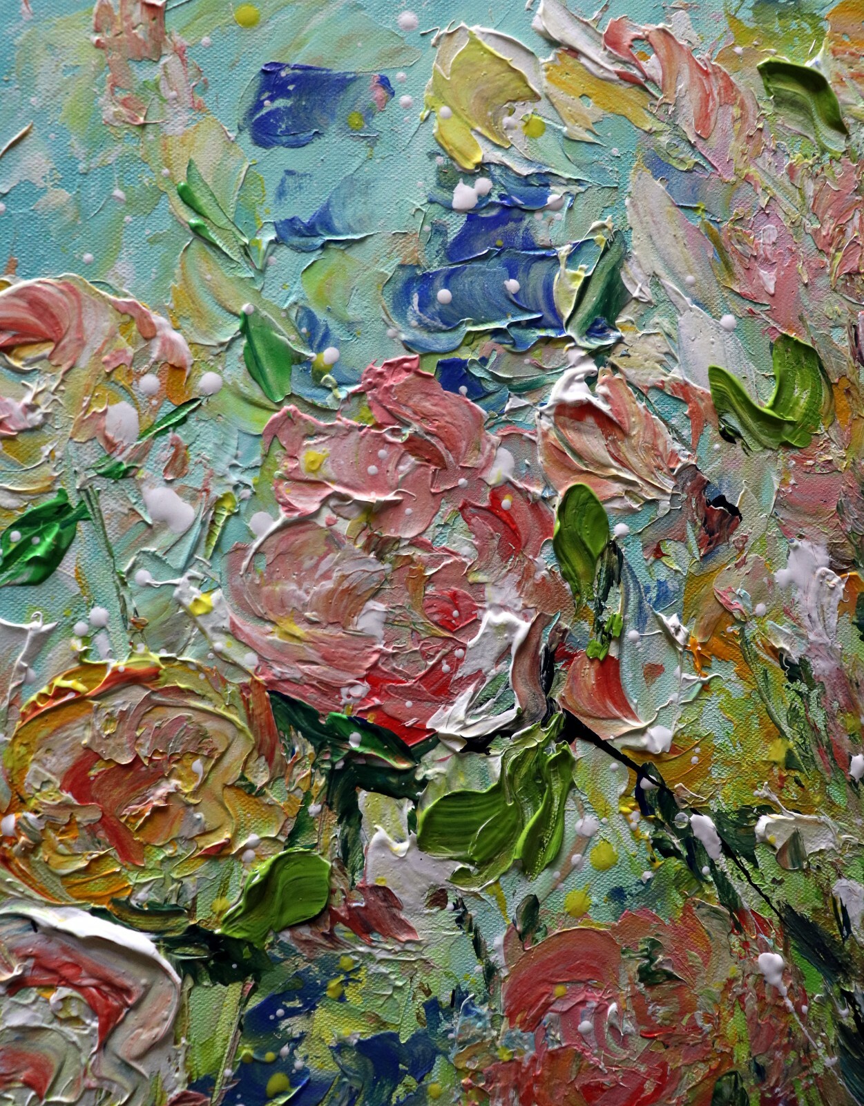 Square Floral Painting GARDEN ROSES Abstract Flowers Oil Impasto on Canvas 