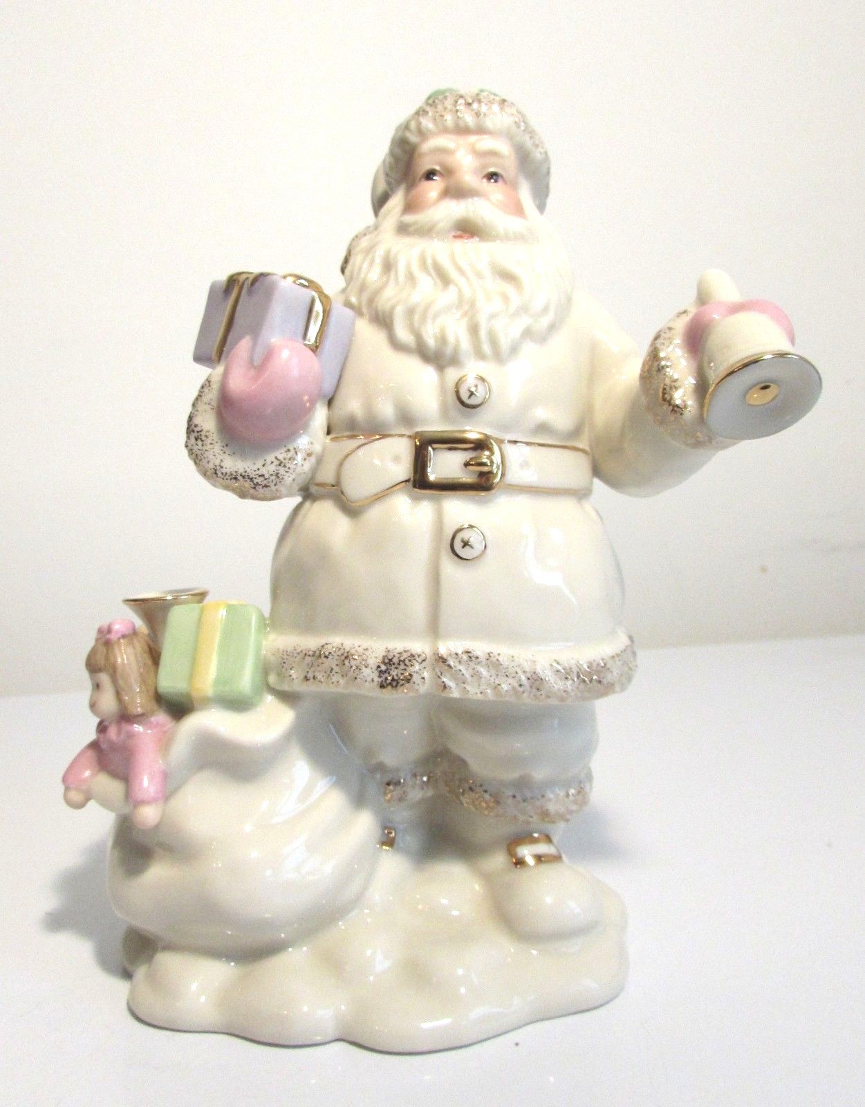 LENOX Christmas 7 inch Santa with bell and toys goldtone highlights