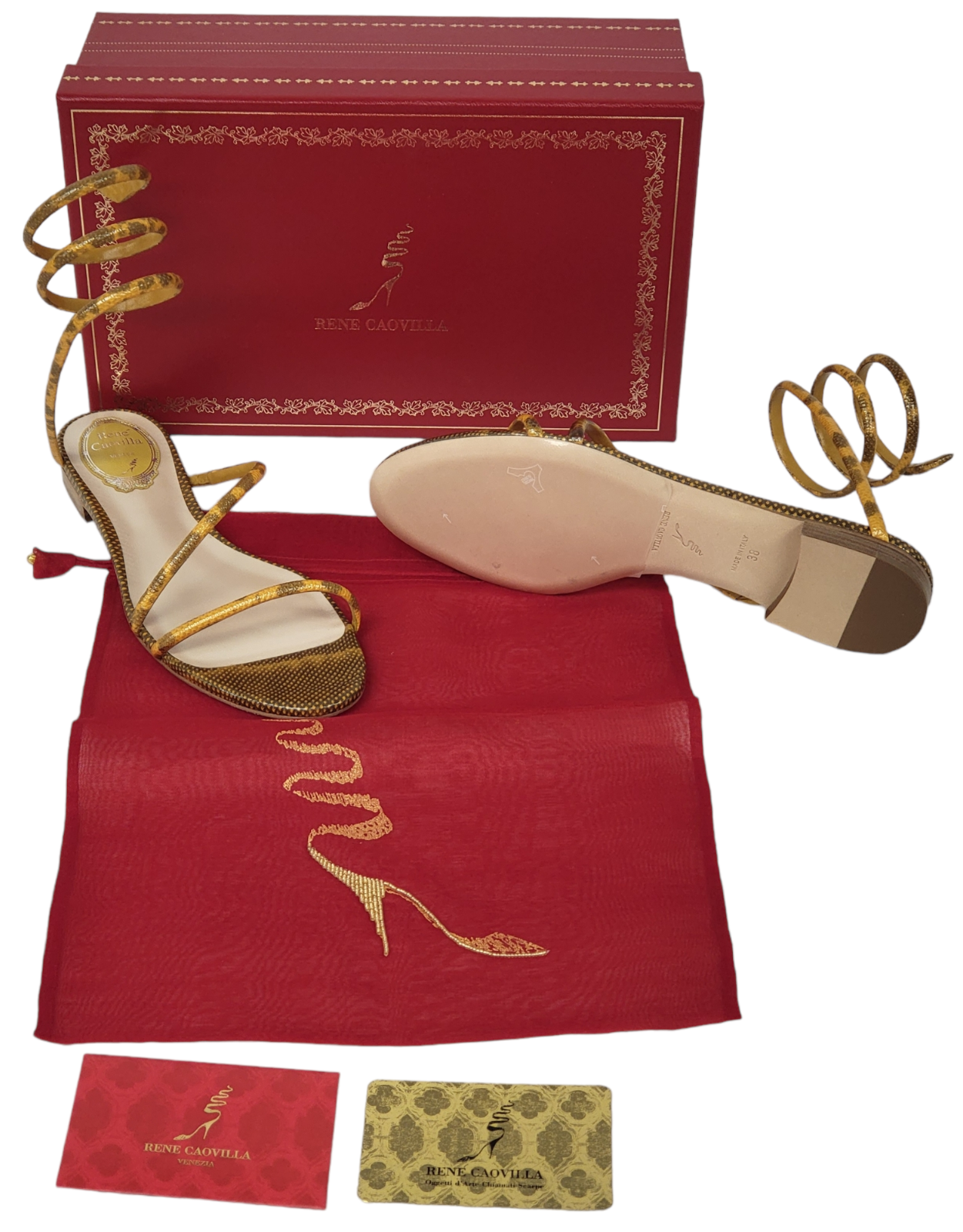 Pre-owned René Caovilla Rene Caovilla Cleo Snakeskin Wrap Flat Sandals In Beige Karung (pick Your Size) In Gold