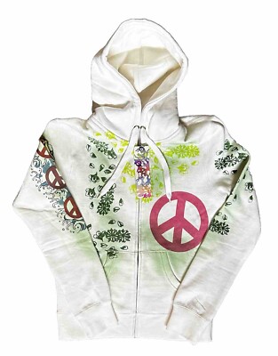 Funky People Hooded Peace Sweatshirt~Ivory/Green/Pink~Size SMALL~NWT~SO COOL!