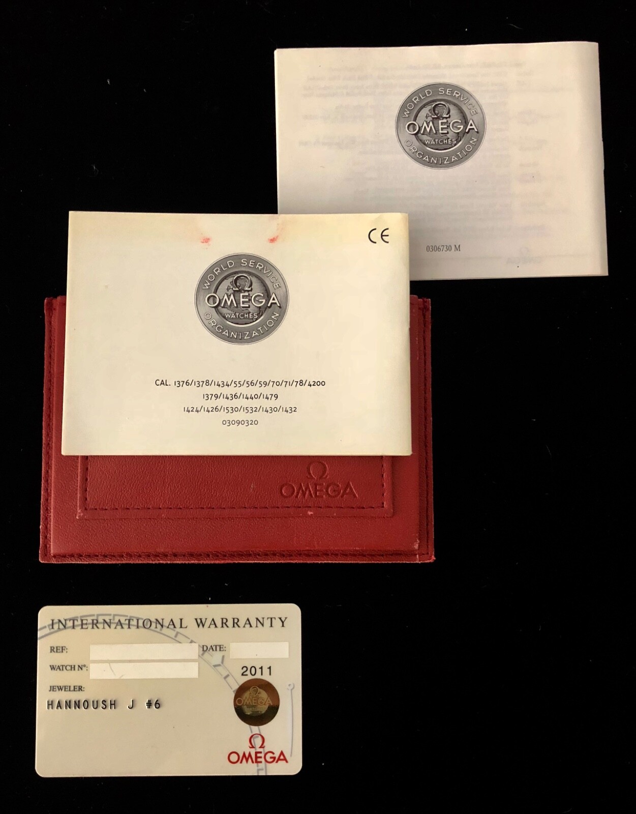 Omega International Warranty Card Open Name with Manuals Red Omega Watch Wallet