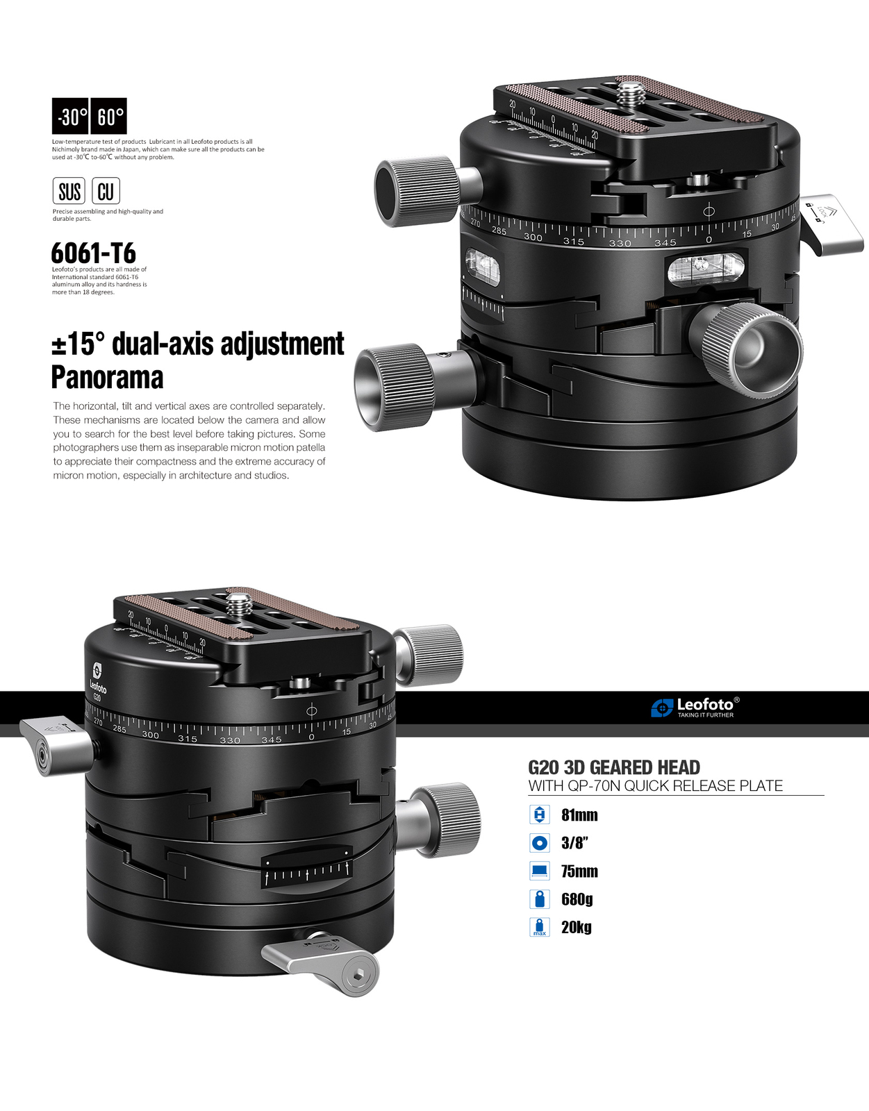Leofoto G20 3D Geared Head with QR Plate Tripod Head for Camera