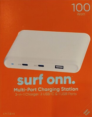 Surf Onn. 100W Multi-Port Charging Station 3-in-1 Charger, 2 USB-C & 1 USB Port