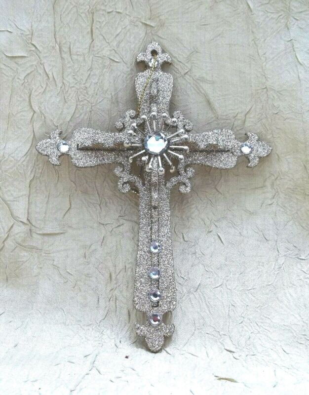Shiny Cross Christmas Ornament With Faux Crystals And Glitter