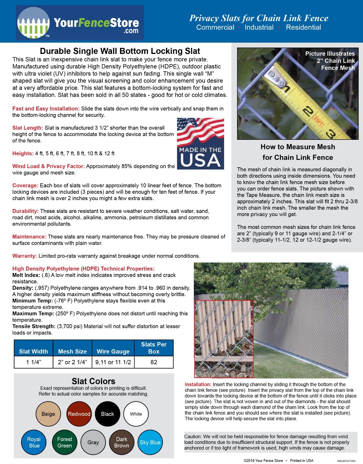 Chain Link Fence Privacy Slats - Single Wall - Bottom Locking Slat - 9 Colors