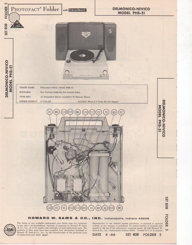 1966 DELMONICO NIVICO PHS-51 RECORD PLAYER AMPLIFIER SERVICE MANUAL SCHEMATIC