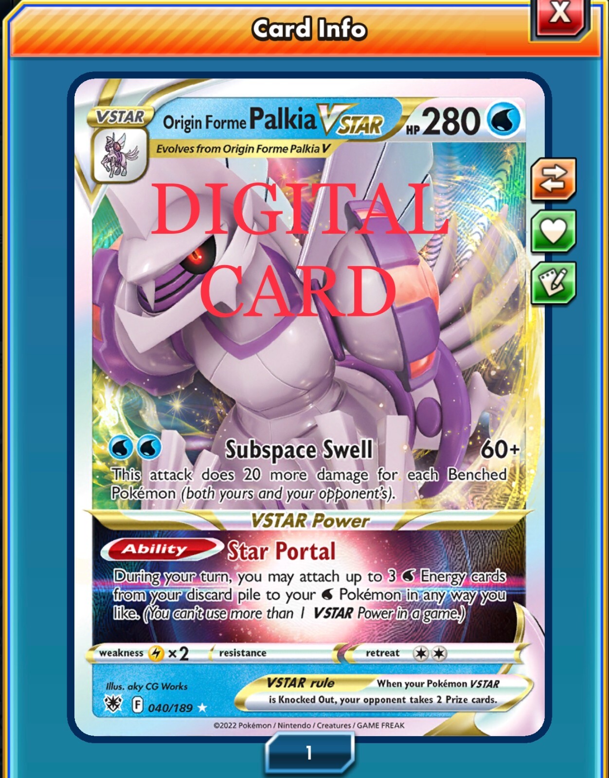Origin Forme Palkia VSTAR V STAR Pokemon TCG Online PTCGO