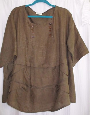 Krista Larson One Size Brown Linen Layered Lagenlook Tunic Top