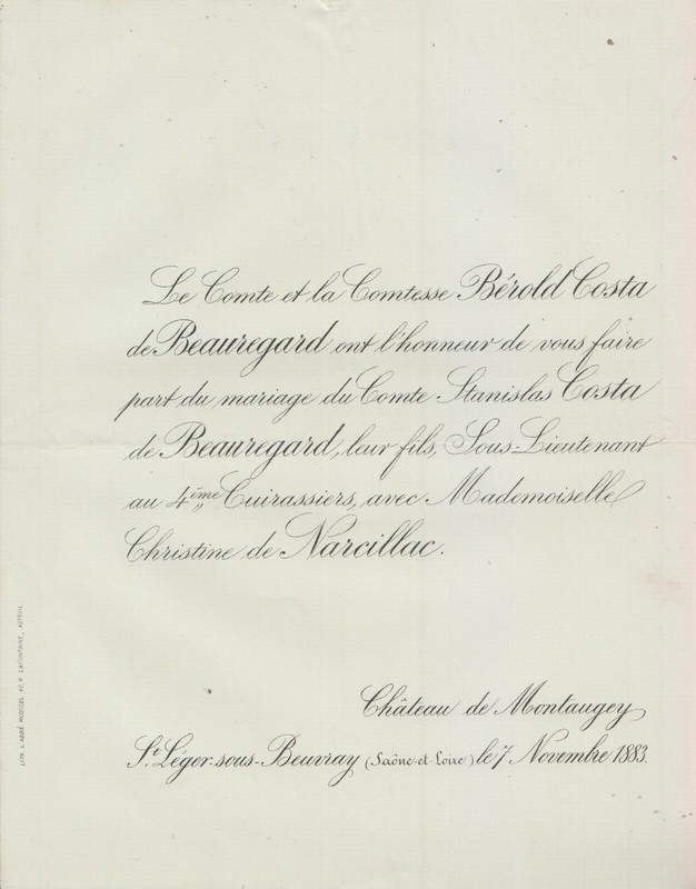 1883 Faire-Part Mariage Stanislas Costa De Beauregard & Ch. Pandin De Narcillac.
