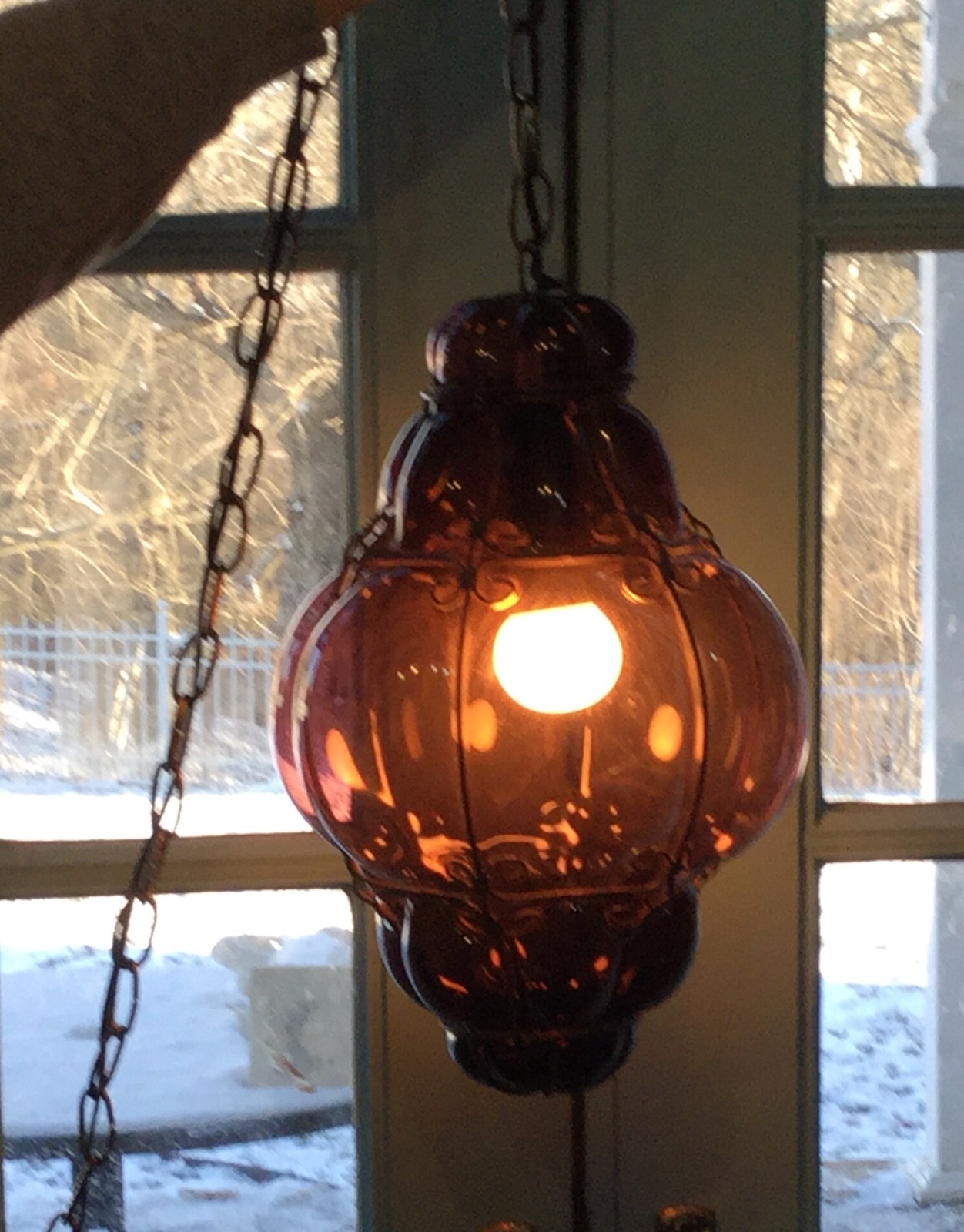 VINTAGE SEGUSO MURANO CAGED BLOWN PURPLE/VIOLET LIGHT FIXTURE READY TO HANG NOS