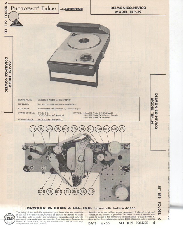 1966 DELMONICO NIVICO RECORD PLAYER AMPLIFIER TRP-29 SERVICE MANUAL PHOTOFACT