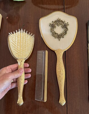 Vintage 24 karat gold plate dresser mirror brush comb set 1950s New Old Stock