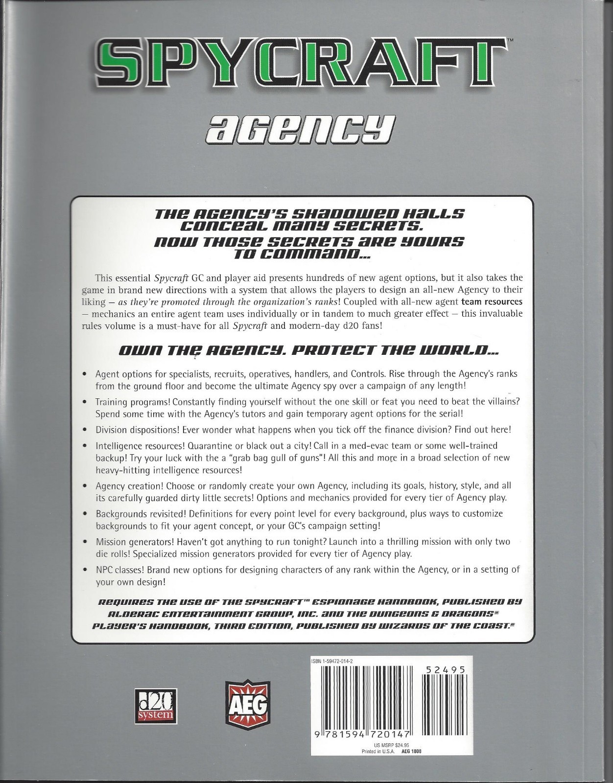 Spycraft RPG  Agency SC  NEW  OOP  FINE  AEG 1808