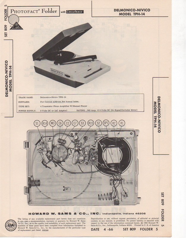 1966 DELMONICO NIVICO TPH-14 RECORD PLAYER AMPLIFER SERVICE MANUAL PHOTOFACT FIX