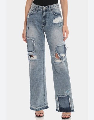 Avec les filles jeans NINA Wide Leg Mid Rise Strarganzer Wash Sz 28 $129