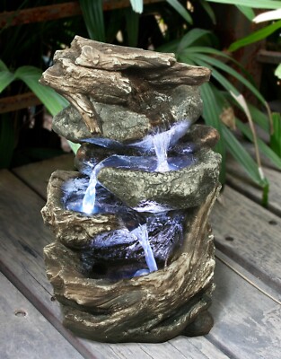 11 in H In/Outdoor Fountain Log/Stone Waterfall W/LED Home Garden Tabletop Decor