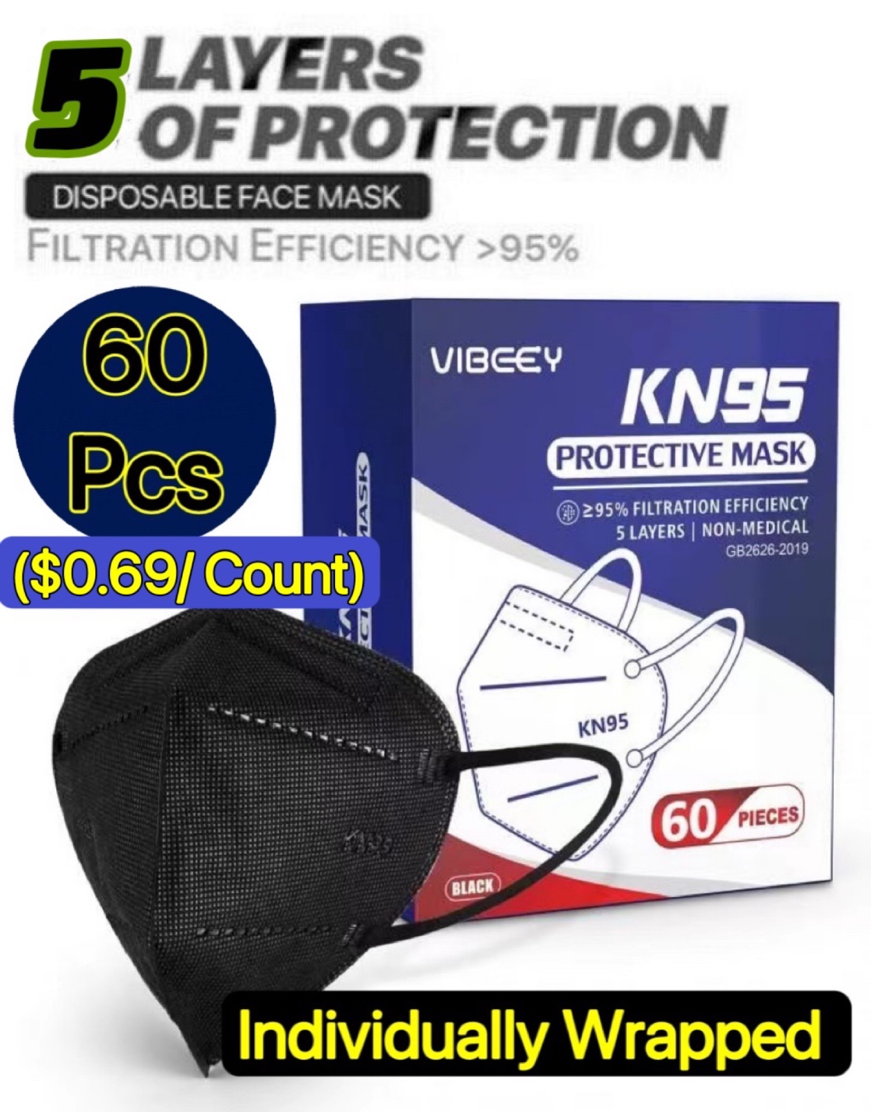 10/60Pcs Black KN95 Face Mask 5 Layer BFE 95% Disposable Respirator for Adult