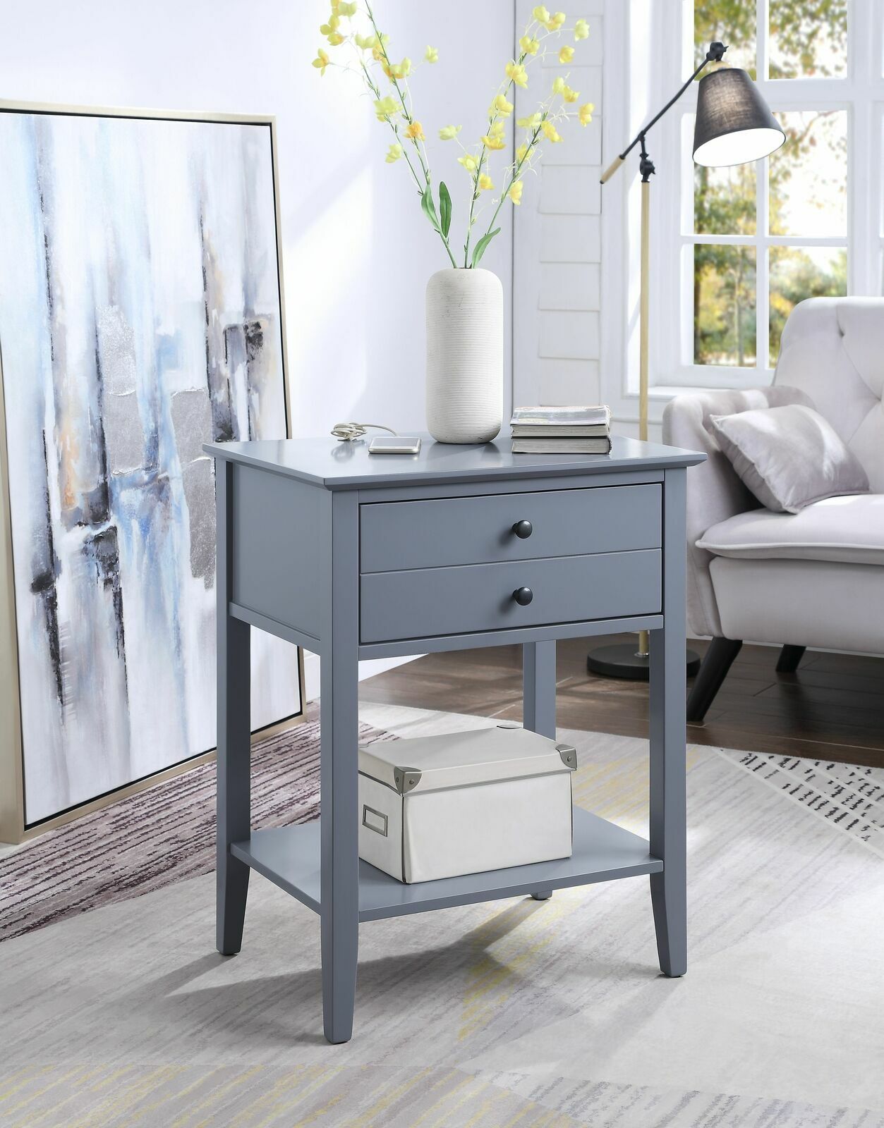 end table with lamp and storage