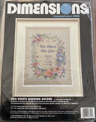 Dimensions Two Hearts Wedding Record Stamped Counted Cross Stitch Kit 11x14