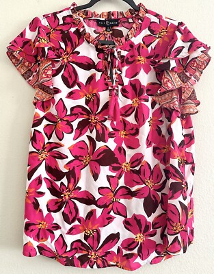 Fred David Peasant Woven Top Blouse Shirt Boho Floral Hot Pink Plus 1X