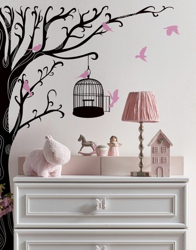 Swirly Tree with Bird Cage Wall Decal Sticker. #6148