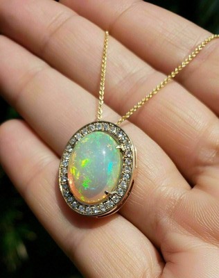 Oval Lab Created Fire Opal Diamond Engagements Pendant 14K Yellow Gold Plated