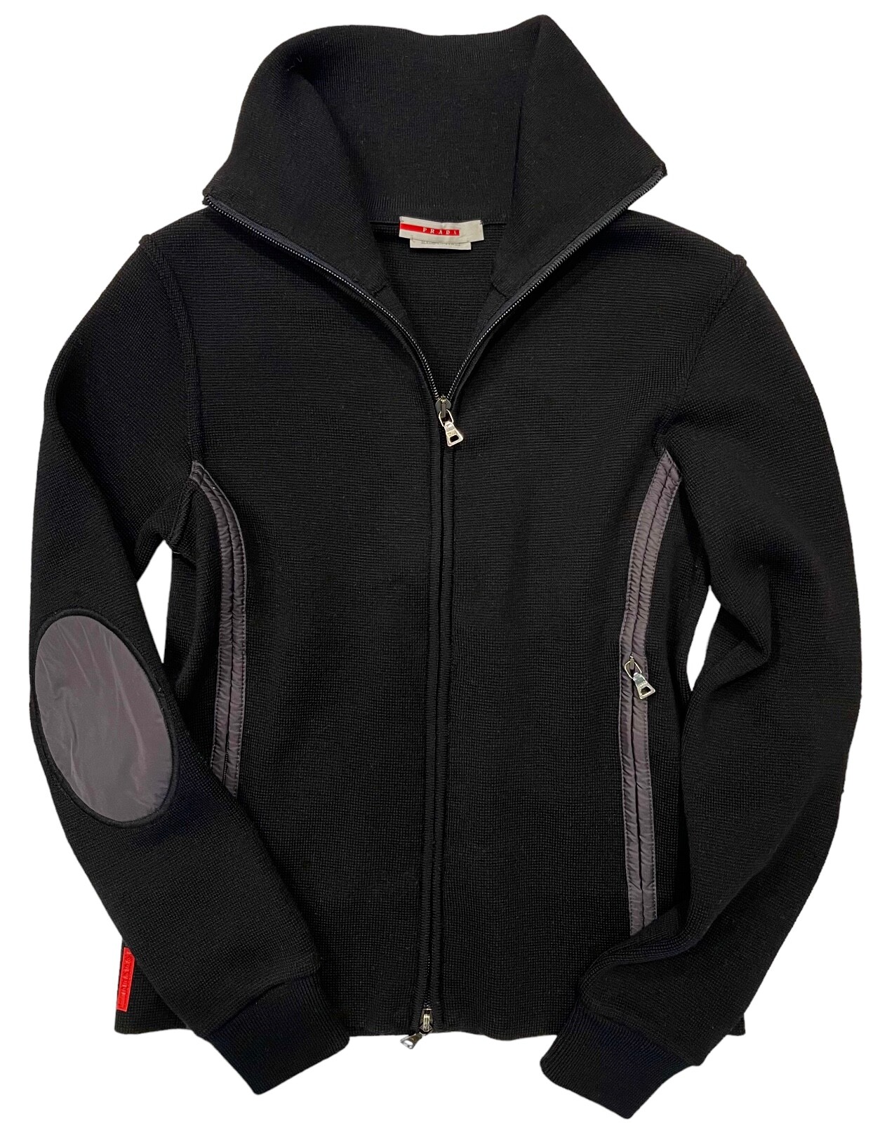 Prada Sport Black Wool Zip Sweater Grey Elbow Patches Prada Sport Black Wool Zip Sweater Grey Elbow Patches