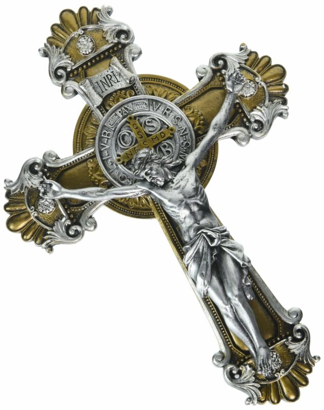 Saint Benedict Wall Cross Crucifix with Antique Silver and Gold Finish, 10 1/4