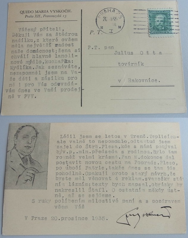 Tschechischer Dichter Quido Maria VyskoÄIl (1881-1969): Signierte Pk Prag 1935