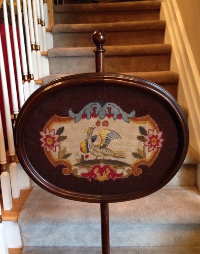 Antique Tripodal Pole Fire Screen Needlepoint Mahogany WILD BIRD