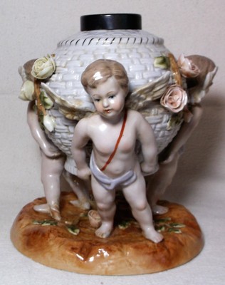Sitzendorf or Schierholz Antique Porcelain Oil Lamp Putti Base Basketweave Font