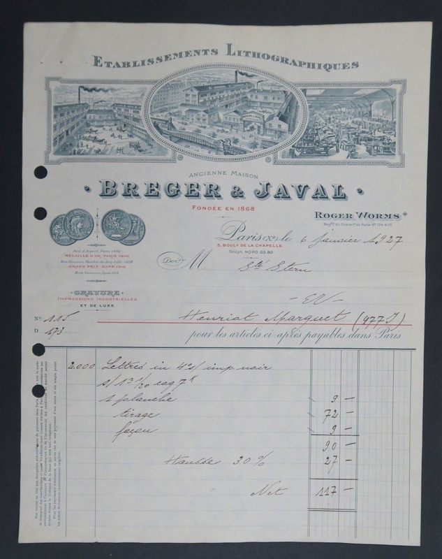 Facture Breger & Javal 1927 Lithographie Rechnung Fattura