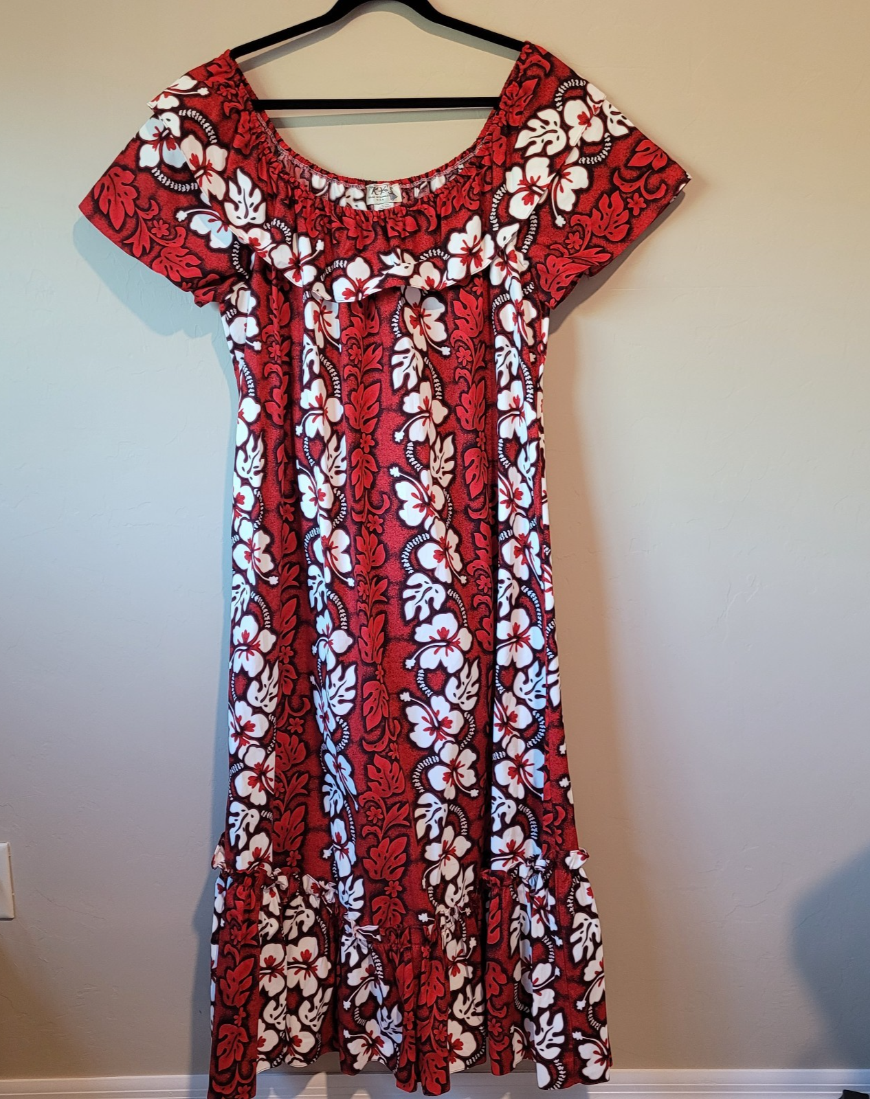 Ky's Hawaiian XL Red White Hibiscus Maxi Mumu Ruffle Dress