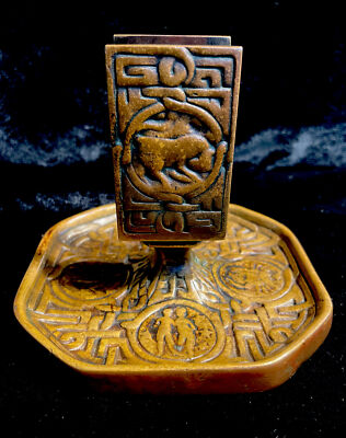 ANTIQUE TIFFANY STUDIOS ZODIAC # 1041 ASHTRAY  MATCH BOX/ CALLING CARD HOLDER