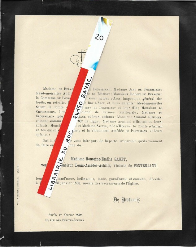Faire Part Deces + Honorine Emilie Saget Veuve Du Vicomte De Pontbriant + 1880