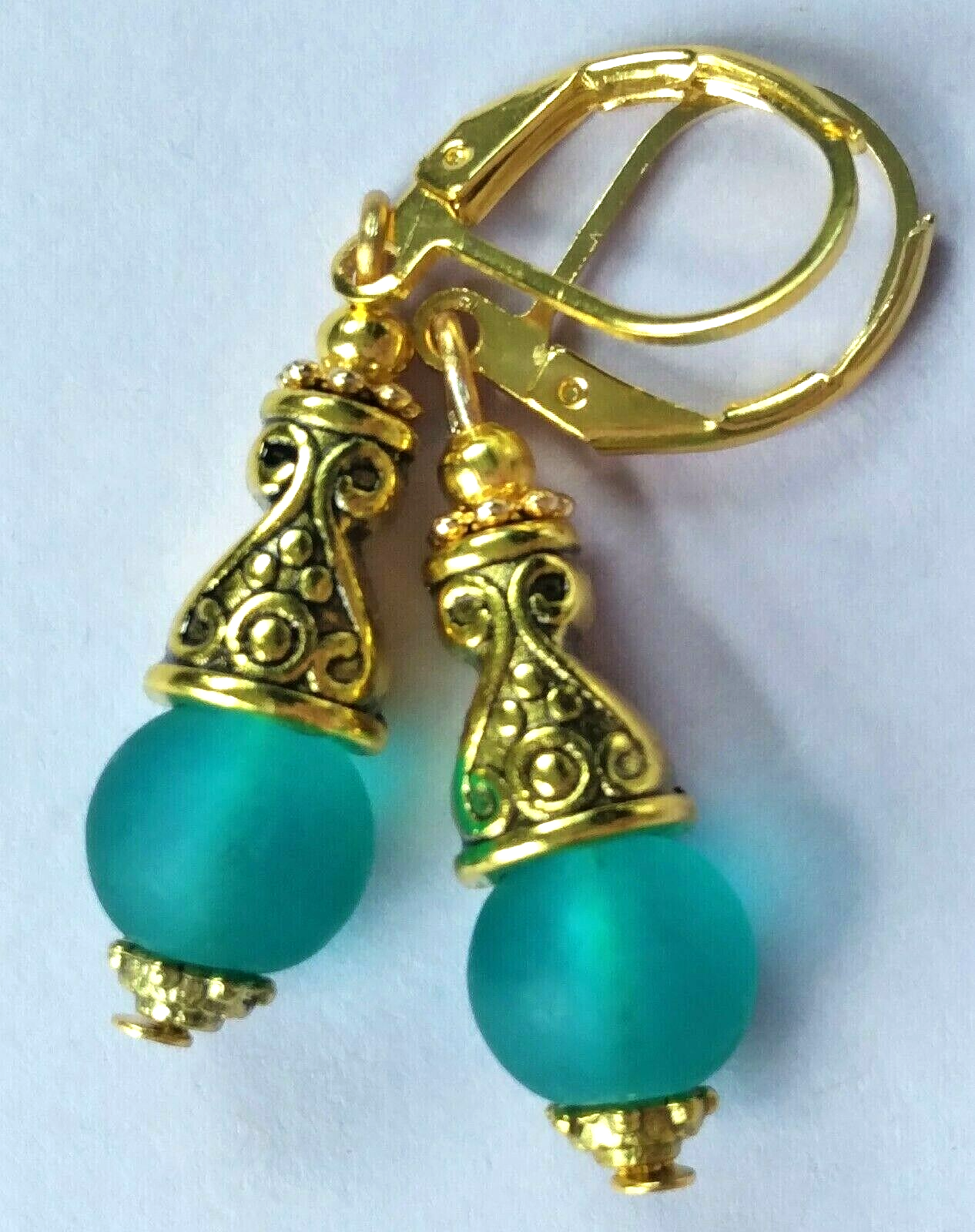 teal green BEACH FROSTED GLASS drop earring GP HANDCRAFTED XX
