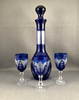 Bohemian Czech Cobalt Blue Cut to Clear Decanter & 3 Cordial Glasses