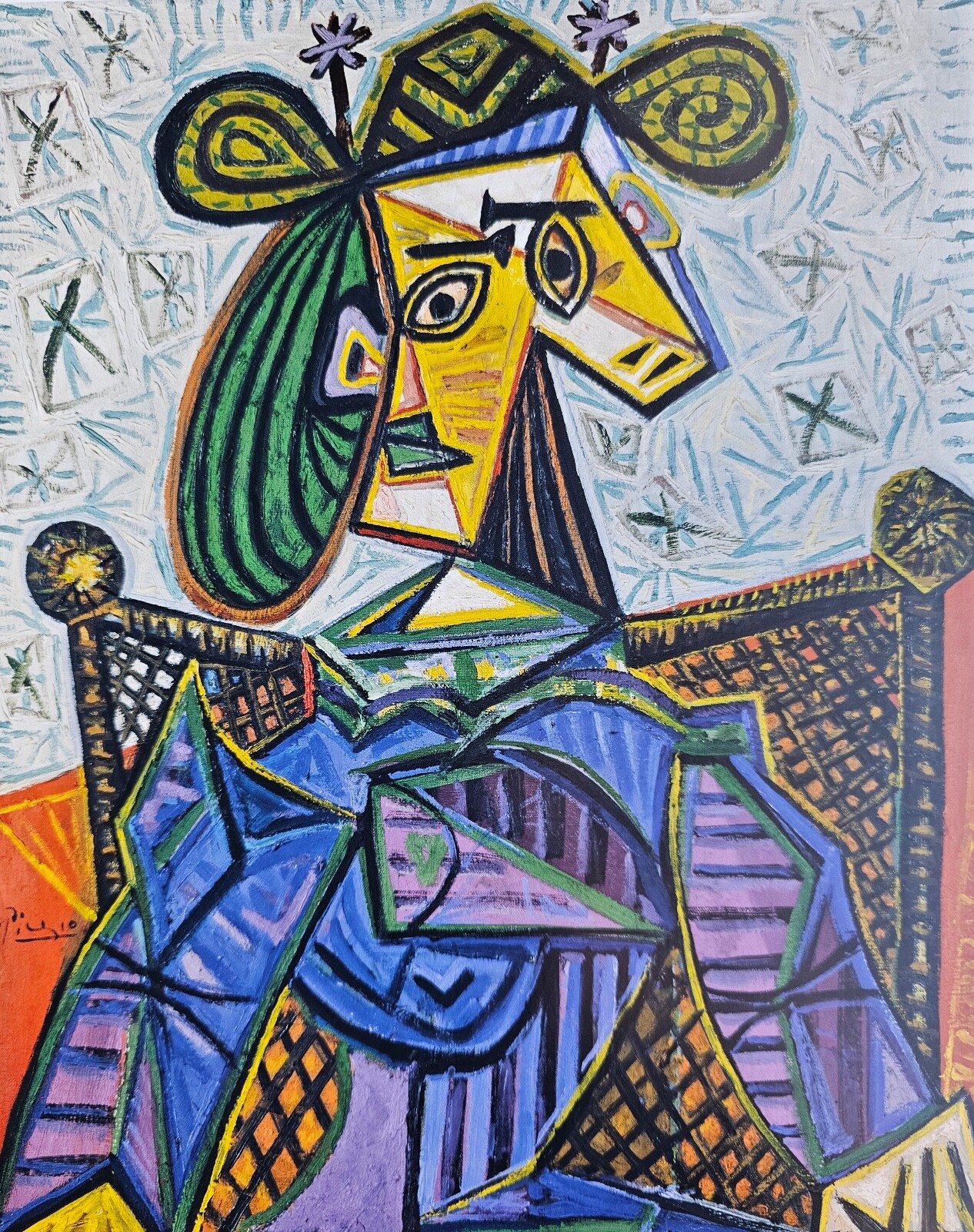 ピカソ(PICASSO)【籐椅子にすわる女】、高級画集画、状態良好 ピカソ(PICASSO)【籐椅子にすわる女】、高級画集画、状態良好