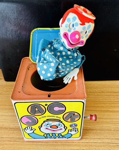 Vintage 1968 Tin Mattel Clown Jack in the Box Toy Wind Up
