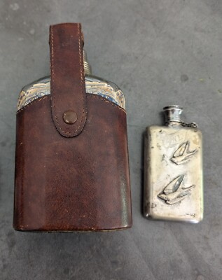  Antique Flask & Bottle Silver Plate, Leather, J&F Martell Cognac