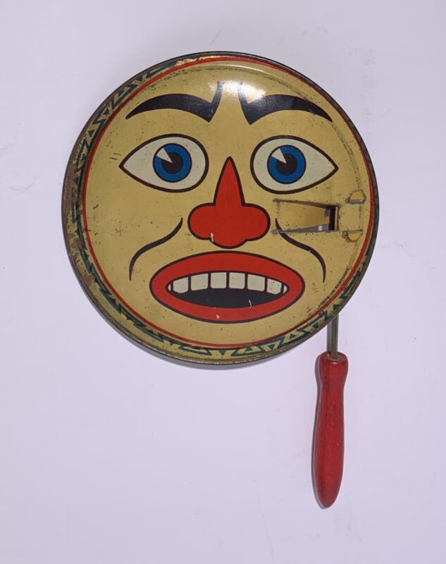 Antique MAN IN THE MOON Two Faced TIN LITHO HALLOWEEN NOISEMAKER GERMAN